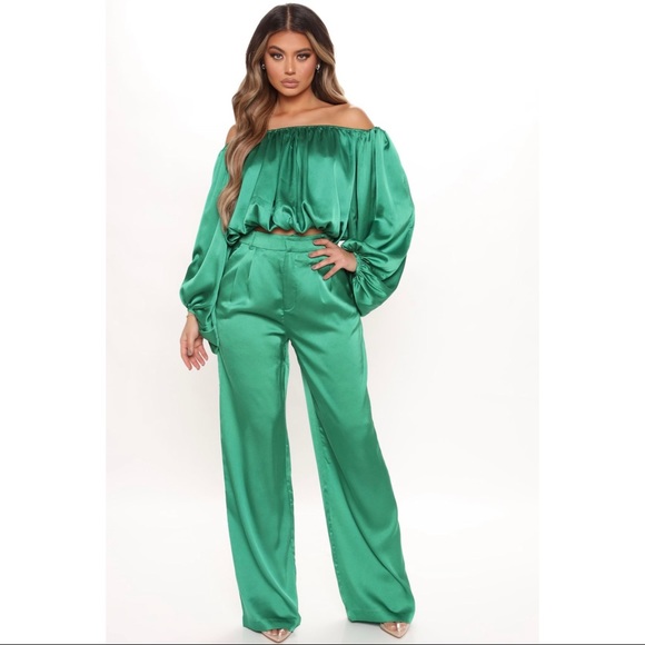 Beautiful Green Satin Miss Kelly Long Trouser Pants - Picture 2 of 4
